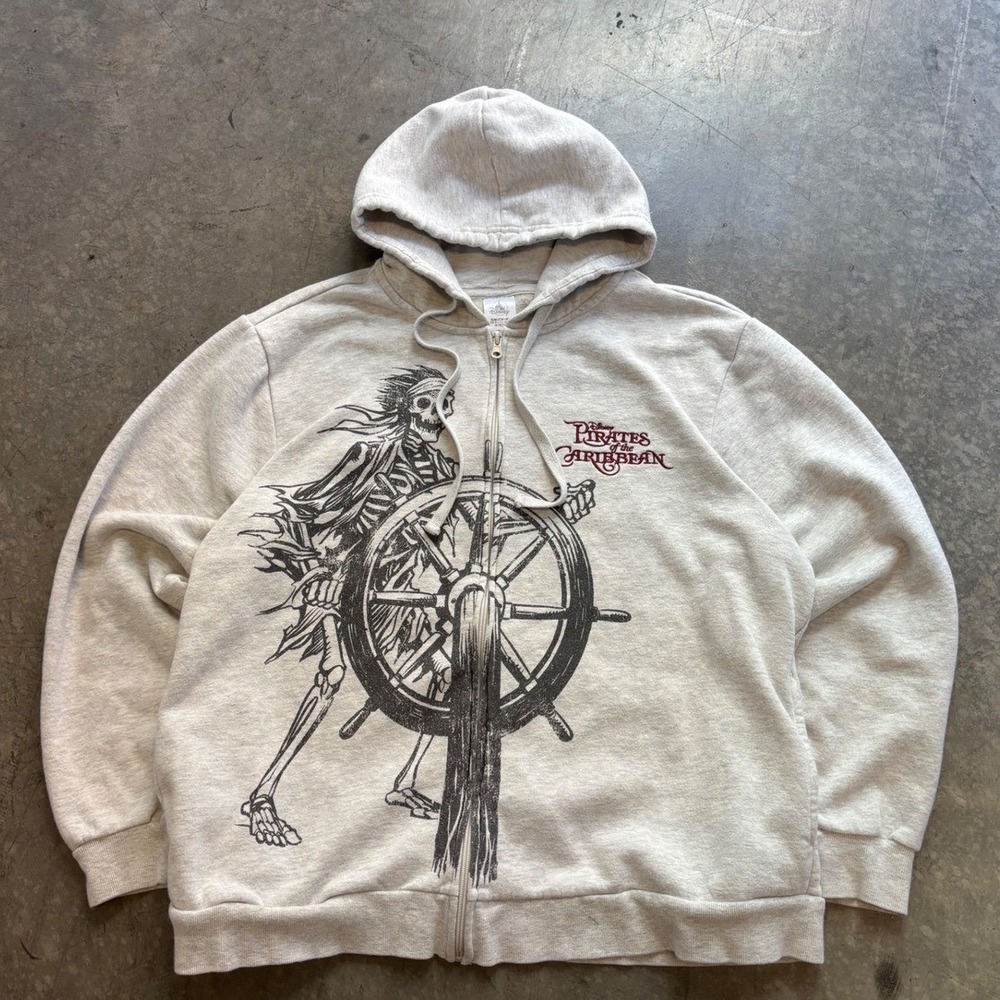 Disney Parks Pirates of The Caribbean Logo Gray Zip-Up Hoodie Adult Size L